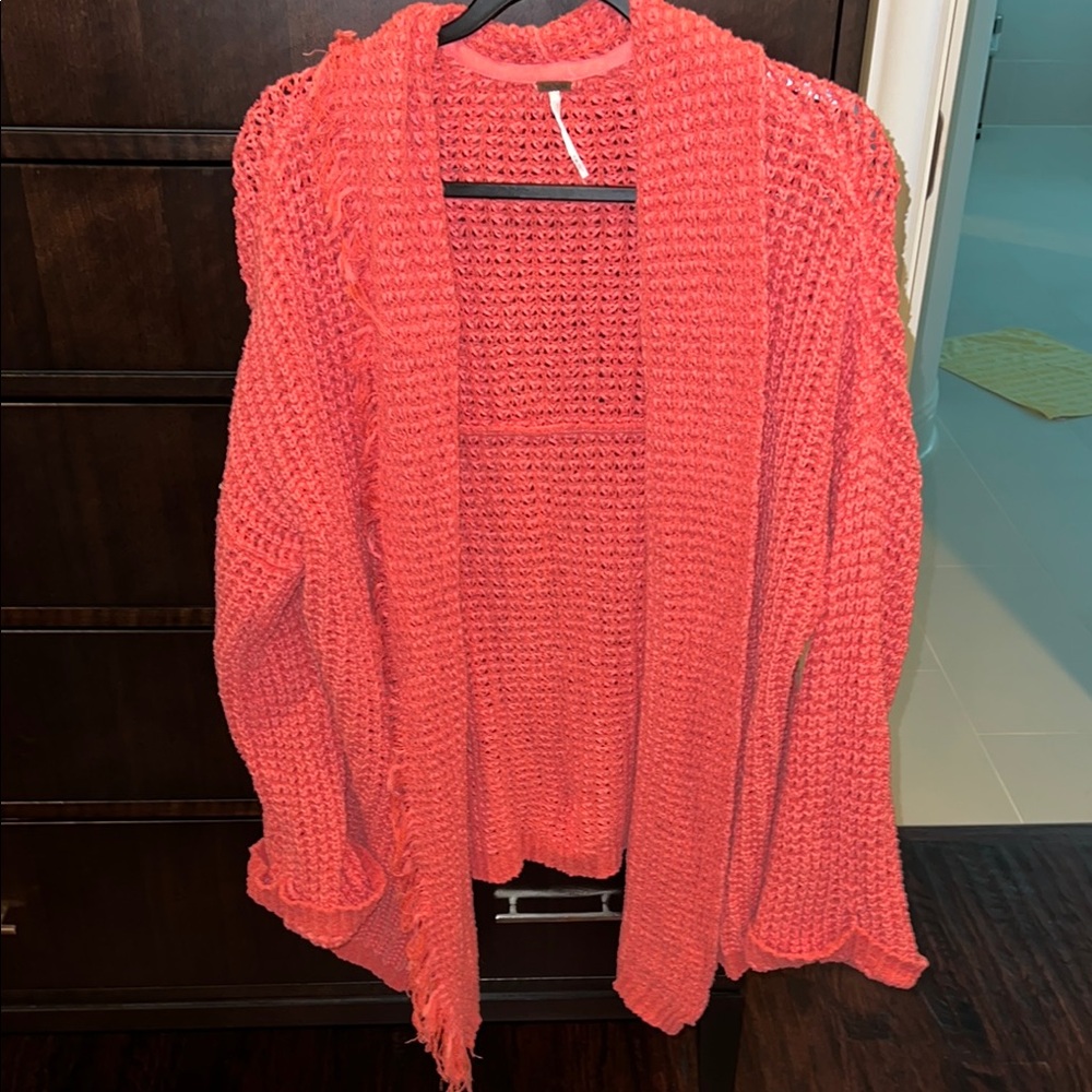 Free people cardigan, coral, large, fringe, cuff sleeve